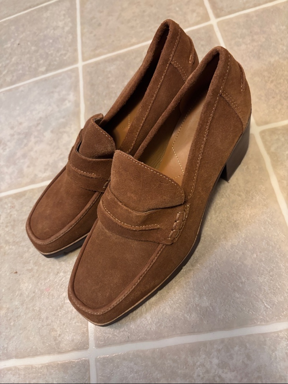 NYDJ Brown Suede Block Heel Penny Loafers - Picture 7 of 8